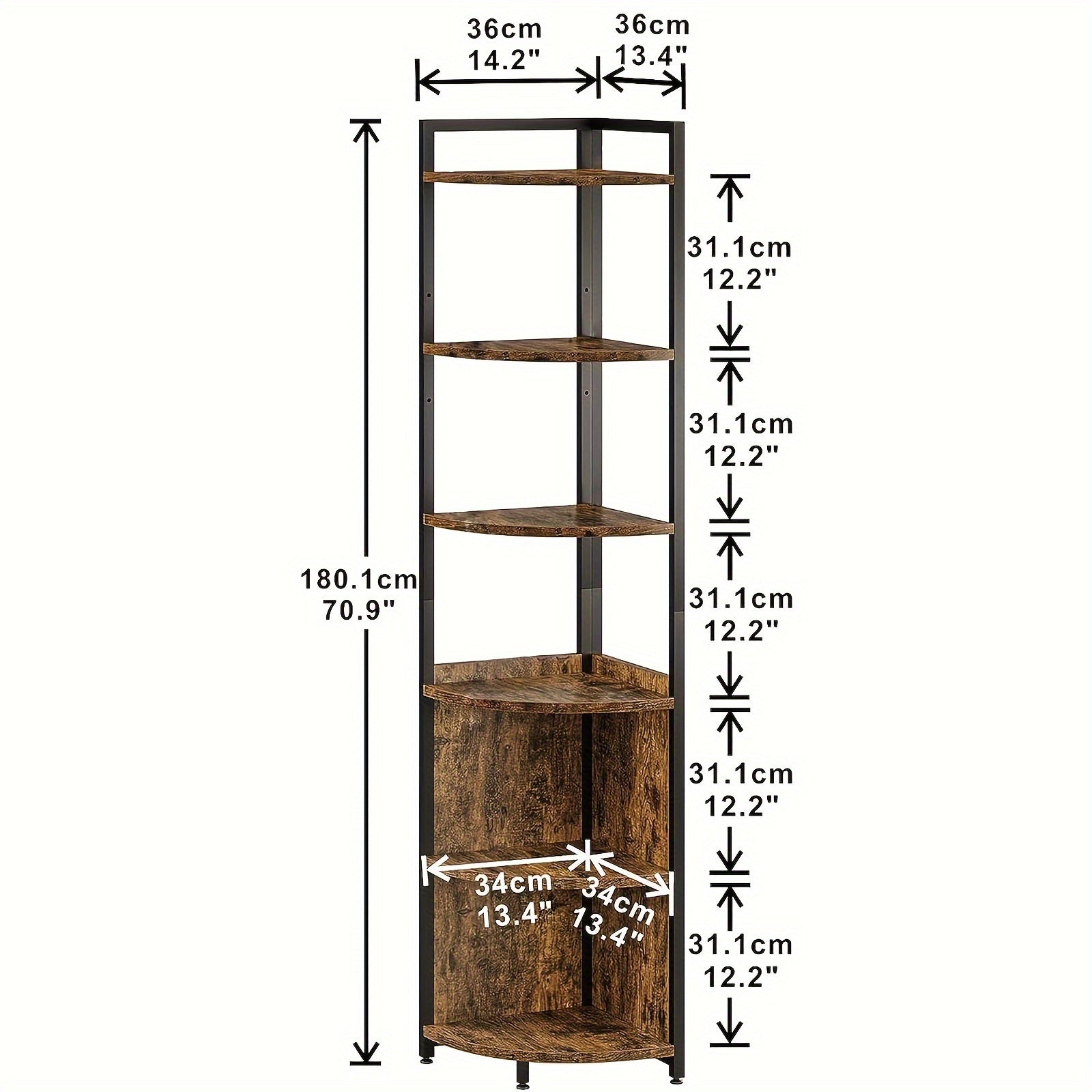 6-Tier Corner Shelf, 71 Inches Corner Bookshelf Multipurpose Storage, Corner Display Rack, Corner Shelf for Living Room, Home Office, Bedroom, Kitchen, Small Space Retro Brown