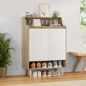 Eumyviv Shoe Cabinet, Free Standing Shoe Racks Storage Cabinet With 2 Doors And Open Shelf For Entryway GS005