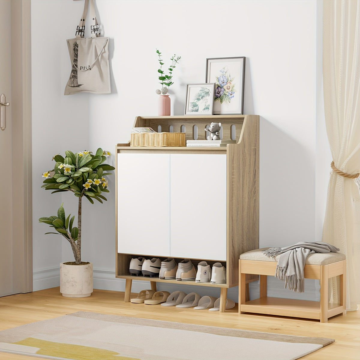 Eumyviv Shoe Cabinet, Free Standing Shoe Racks Storage Cabinet With 2 Doors And Open Shelf For Entryway GS005